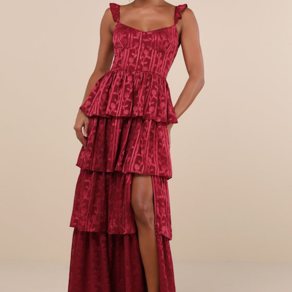 Lulus Stunning Glory Wine Red Floral Jacquard Tiered Maxi Dress - Size XL